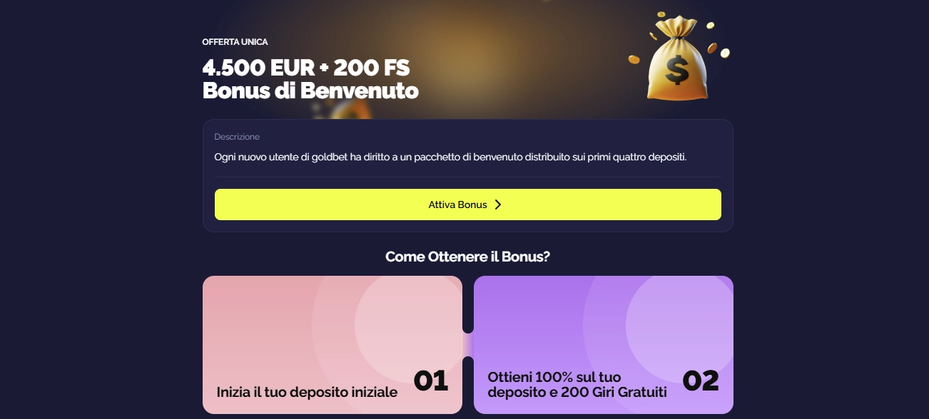Dashboard bonus Goldbet Casino