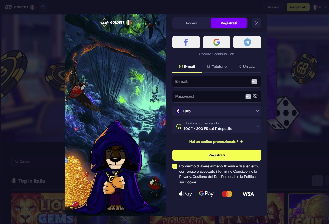 Schermata della procedura di registrazione Goldbet Casino